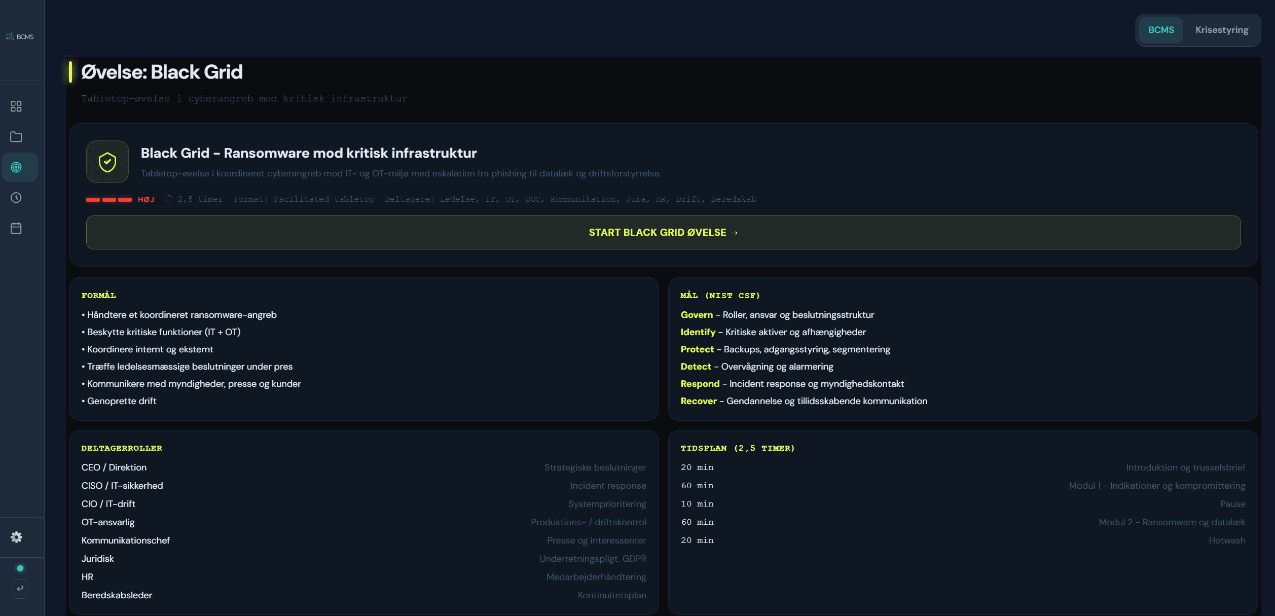 BCMS øvelsesmodul med scenariebeskrivelse og rollefordeling